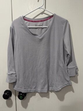 Hanes Women's Light Gray V-Neck Long Sleeve Top with Pink Neck Trim